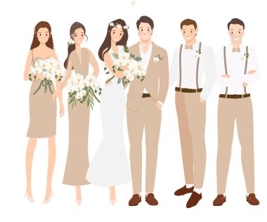 Güzel bohem gelin ve damat çifti gelin hizmetçisi ve sağdıç çizgi film düz sytle