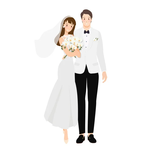Jovem Casal Bonito Casamento Smoking Branco Para Cartão Convite Estilo —  Vetores de Stock