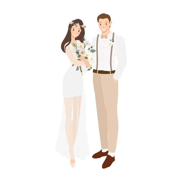 Bela Boêmio Casual Noiva Noivo Casamento Casal Desenho Animado Plana —  Vetores de Stock