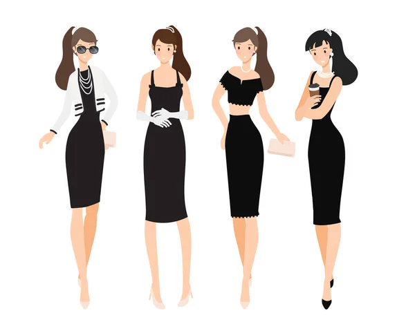 Femme Mode Dans Vintage Luxe Petite Robe Noire Style Plat — Image vectorielle