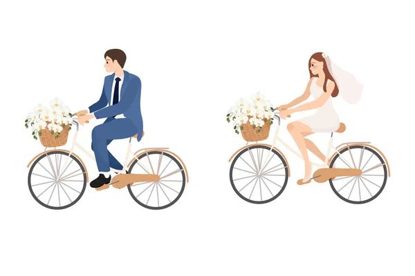 Schöne Junge Frisch Verheiratete Hochzeitspaar Fahrrad Fahren Isoliert Auf Weißem — Stockvektor