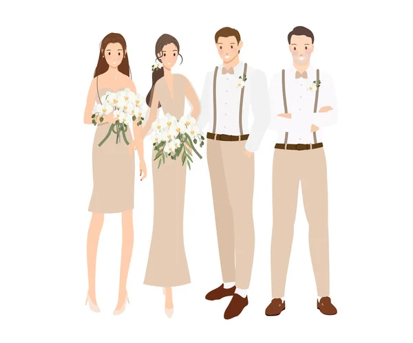 美しいボヘミアンカジュアルな花嫁と新郎新婦の結婚式のカップル花嫁メイドとGroomsman漫画フラットスタイル — ストックベクタ