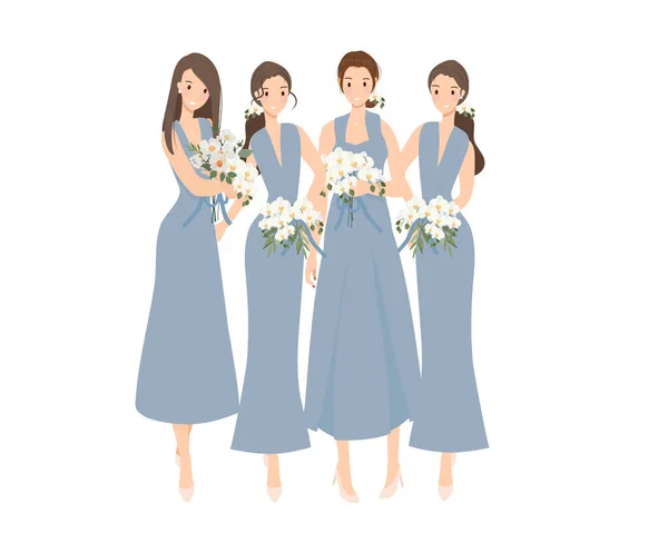 Gyönyörű Boldog Menyasszony Koszorúslány Kék Ruhás Esküvői Szertartás — Stock Vector