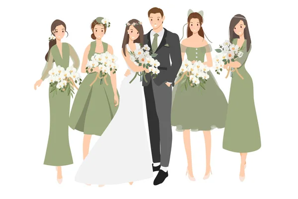 漂亮的新婚夫妇和伴娘穿着绿色主题婚纱卡通片平易近人 — 图库矢量图片