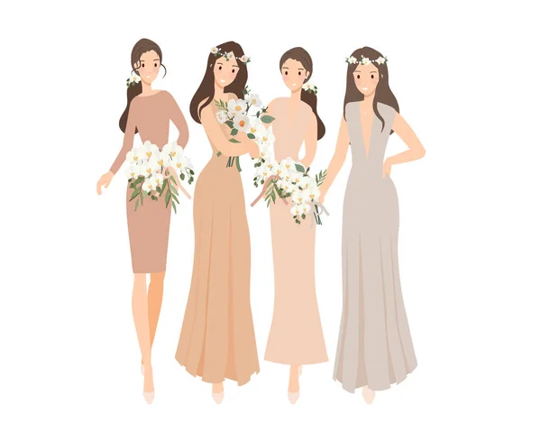 Красивая Счастливая Невеста Подружка Невесты Светло Бежевом Платье Крем Свадебная — стоковый вектор