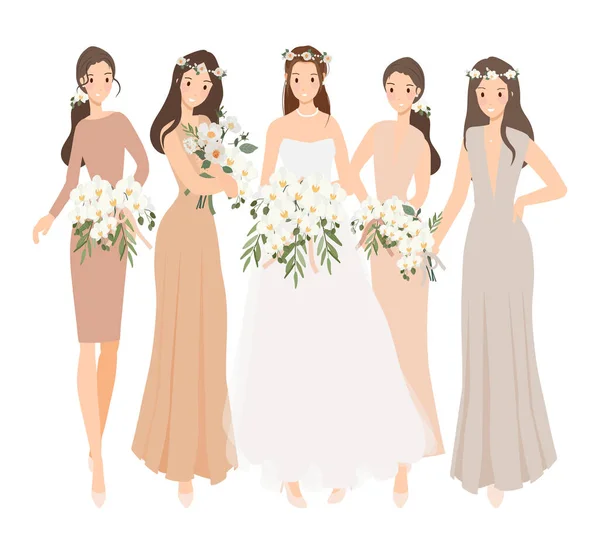 Beautiful Happy Bride Bridesmaid Light Beige Creme Gown Wedding Ceremony — Stock Vector