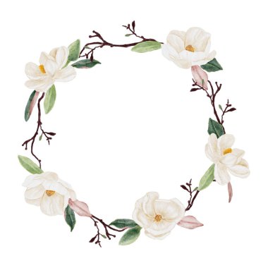 watercolor white magnolia flower and leaf bouquet clipart wreath frame