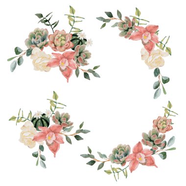 watercolor succulent and flower bouquet wreath frame