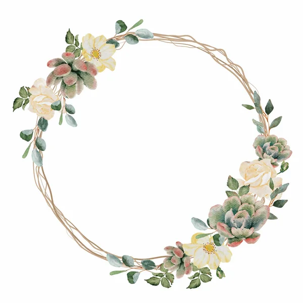 Watercolor Succulent Pland Flower Bouquet Wreath Frame Isolated White Background — 图库矢量图片