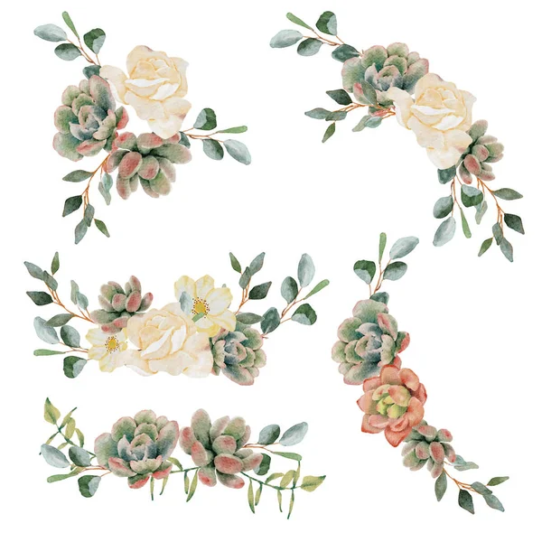 Watercolor Succulent Flower Bouquet Wreath Frame — Stockvektor