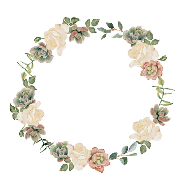 Watercolor Succulent Pland Flower Bouquet Wreath Frame Isolated White Background — Vector de stock