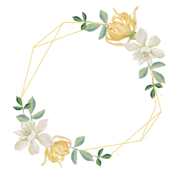 Watercolor White Gardenia Thai Style Flower Bouquet Creath Gold Glitter — Stock Vector