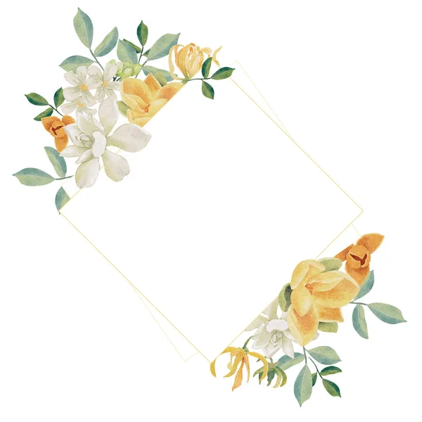 watercolor white gardenia and Thai style flower bouquet wreath with gold frame