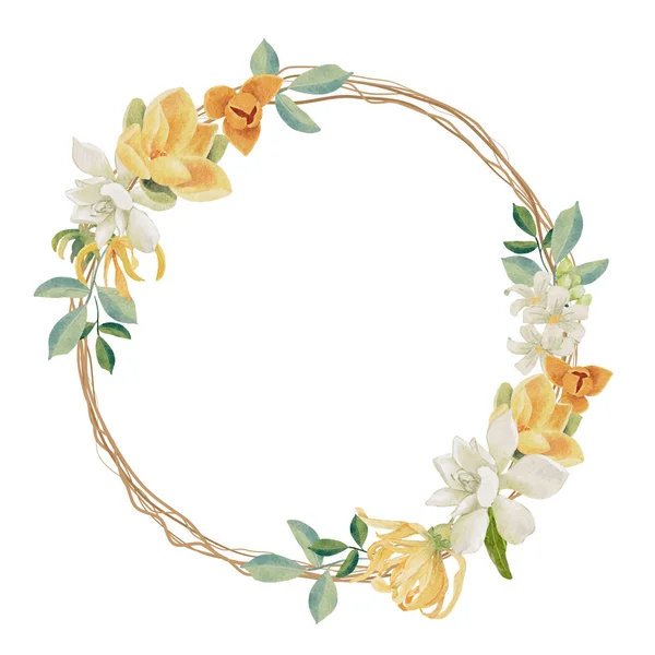 watercolor white gardenia and Thai style flower bouquet wreath frame