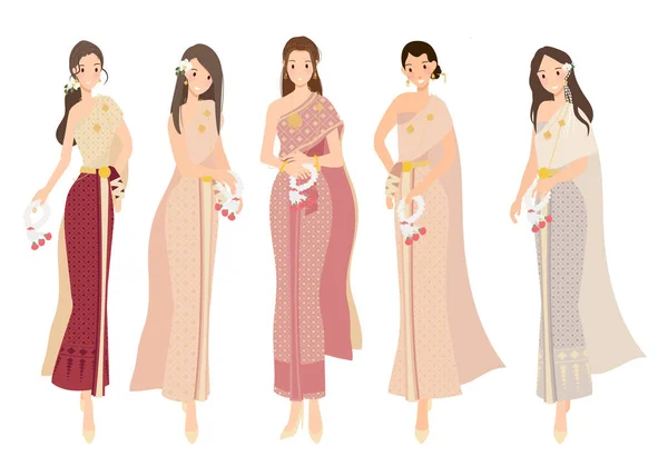 Belle Femme Heureuse Mariées Dans Thai Robe Traditionnelle Style Plat — Image vectorielle