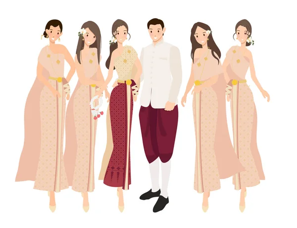 Piękny Szczęśliwy Panna Młoda Druhna Tradycyjnej Tajskiej Sukni Ślubnej Ceremonii — Wektor stockowy
