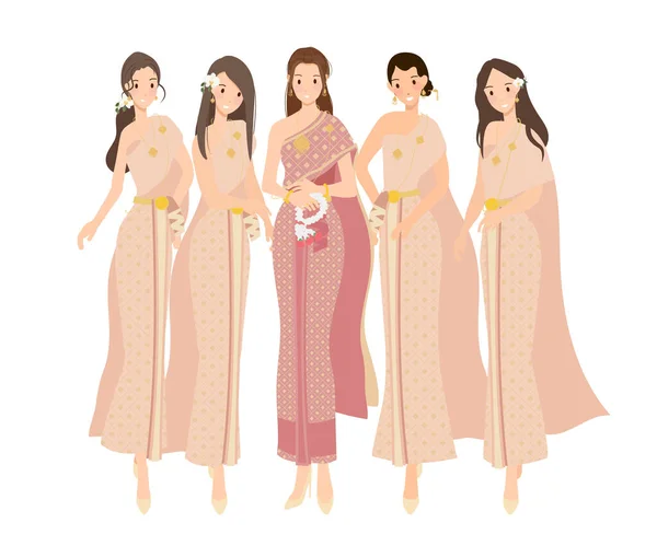 Mooie Gelukkige Bruid Bruidegom Bruidsmeisje Thai Traditionele Jurk Toga Bruiloft — Stockvector