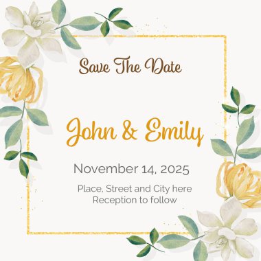 suluboya beyaz gardenya ve Tayland tarzı çiçek buketi altın parıltılı çelenk çerçevesi