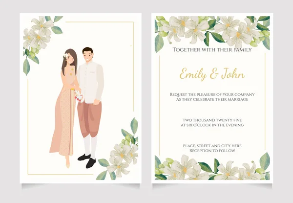 cute young Thai weddng couple in watercolor flower gardenia ornage jamine bouquet with gold glitter wreath frame wedding invitation card