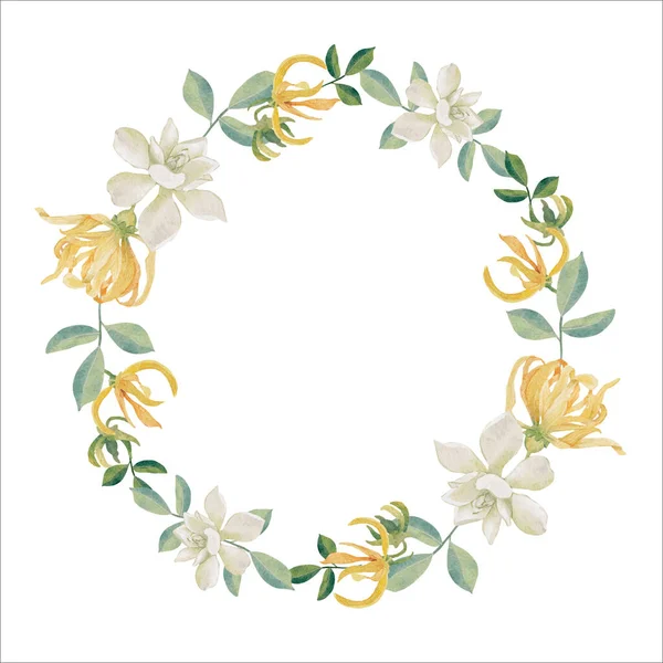 watercolor white gardenia and Thai style flower bouquet gold glitter wreath frame
