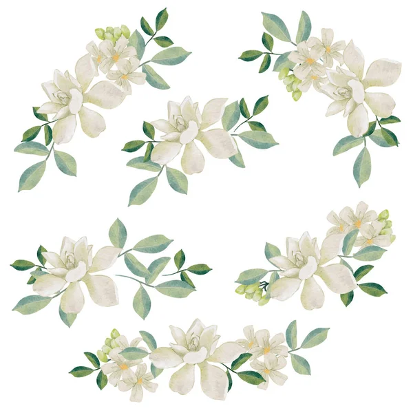 Acuarela Flor Tailandesa Blanca Gardenia Naranja Jazmín Ramo Corona Marco — Vector de stock