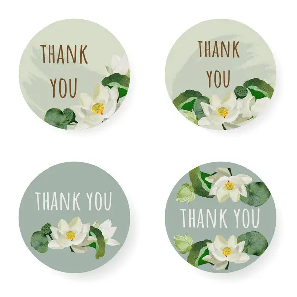 Watercolor White Lotus Thank You Sticker Elements Collection White Background — Stock Vector