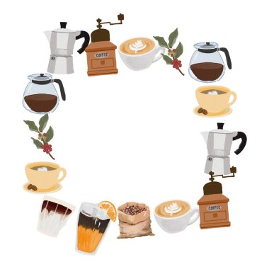 cute oil brush style coffee elements wreath frame clipart