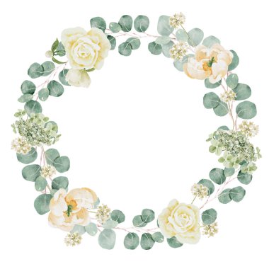 suluboya beyaz şakayık ve gül yapraklı çiçek buket arka plan izole