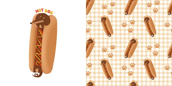 Cachorro Quente Bonito Cão Dachshund Bun Salsicha Sem Costura Padrão Vetores De Stock Royalty-Free
