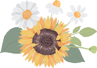 Suluboya el sevimli sarı ayçiçeği ve beyaz papatya çiçeği buketi çizer.