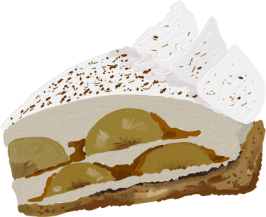 Banoffee turtası. Şirin yağ fırçası. Kahve fırını ve çay seti boyuyor.