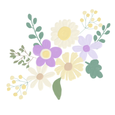 Yağ boyalı şirin mor ve sarı çiçek buketi beyaz arka planda izole edilmiş dijital resim