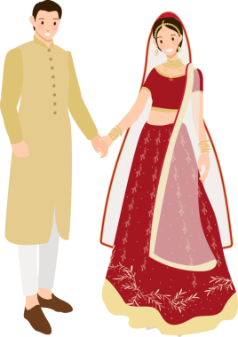 Geleneksel gelinlik içinde güzel Hintli çift gelin ve damat