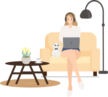 Mutlu genç bir kadın çalışıyor ya da evde bembeyaz kedi stiliyle çalışıyor.