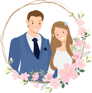 Tatlı çizgi film genç düğün çifti logosu kiraz çiçekli çelenk