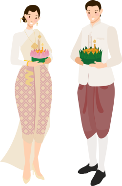 Yüzen çiçekler üzerinde sevimli Taylandlı çift Loy Krathong festivali