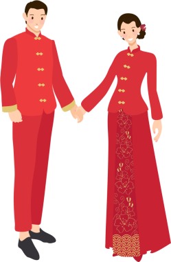 Geleneksel kırmızı elbiseli Çinli çift el ele tutuşuyor