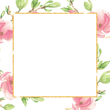 Sancak veya logo için altın parıltılı kare çerçeveli suluboya pembe manolya dalı buketi