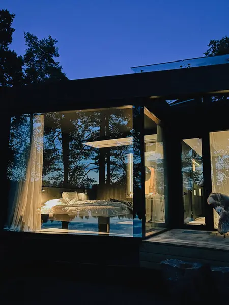 Gece ormanı ve göl camlarında yansıması olan bir ev ya da daire yatak odası. Kır tarafı. Yatağa. Sandalyeli teras.