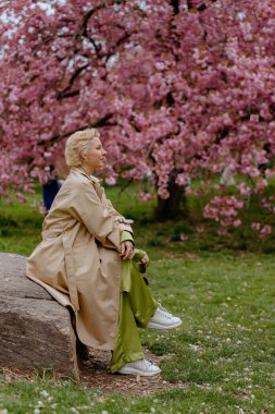 Bir bayan, yemyeşil yemyeşil ve canlı kiraz çiçekleriyle çevrili güzel bir parkın sükunetinden zevk alır. Çiçek açan bir kadın, doğası gereği huzurlu, taş bir bankta rahatlık bulur.