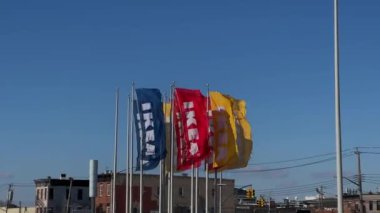 NEW YORK, ABD - 22 Şubat 2024: Parlak mavi bir gökyüzü altında sıcak rüzgarda enerjik bir şekilde dalgalanan renkli bayrakların canlı ve neşeli bir gösterisi. IKEA mağazası