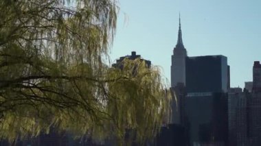 Yeşillik ve açık mavi gökyüzü ile güzel çerçevelenmiş New York şehrinin ufuk çizgisini gösteren çarpıcı bir manzara. Empire State Binası.