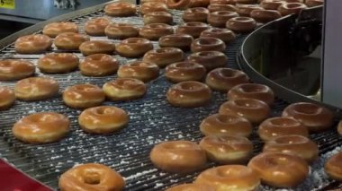 Bir taşıma bandı çeşitli taze, lezzetli çöreklerle doldurulur. Paketleme ve perakende satışa hazır.
