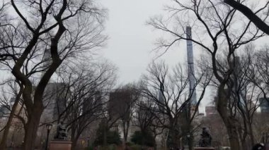 New York 'taki Central Park' ta kışın ayakta duran ağaçların göz kamaştırıcı ve nefes kesici manzarası modern bir gökyüzü arkaplanına karşı.
