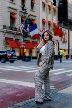 Sofistike bir kadın şehir caddesinde modaya uygun bir takım elbiseyle güçlü ve modern bir görünüm sergiliyor. Kendine güven yayıyor ve kentsel zemin dinamik varlığını vurguluyor. 5. Cadde, New York.