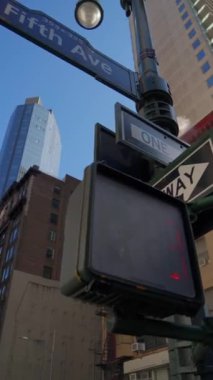 NEW YORK, ABD - 22 Eylül 2024: Beşinci Cadde tabelasının yer aldığı canlı bir şehir manzarası ve New York 'taki yüksek gökdelenler arasında yoğun bir trafik sinyali