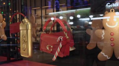 NEW YORK, ABD - 29 Kasım 2024: En son moda çantaların yanı sıra enfes zencefilli kurabiye dekorasyonları sergilenen büyüleyici ve canlı bir görüntü