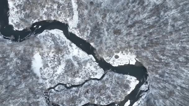 Řeka Delta Záplavová Nížina Zimní Sníh Meander Drone Letecký Vnitrozemský — Stock video