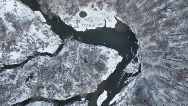 Řeka Delta Záplavová Nížina Zimní Sníh Meander Drone Letecký Vnitrozemský — Stock video