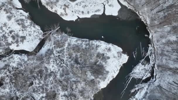 Rio Delta Floodplain Inverno Neve Meandro Drone Aéreo Vídeo Interior — Vídeo de Stock